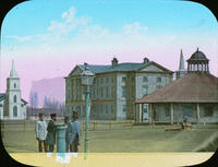 Colour lantern slide - Colonial Building from Hughes Corner, ca. 1860s