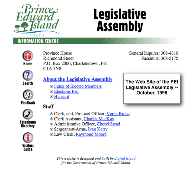 homepage of the legislative assembly of PEI, showing 1996 style web design